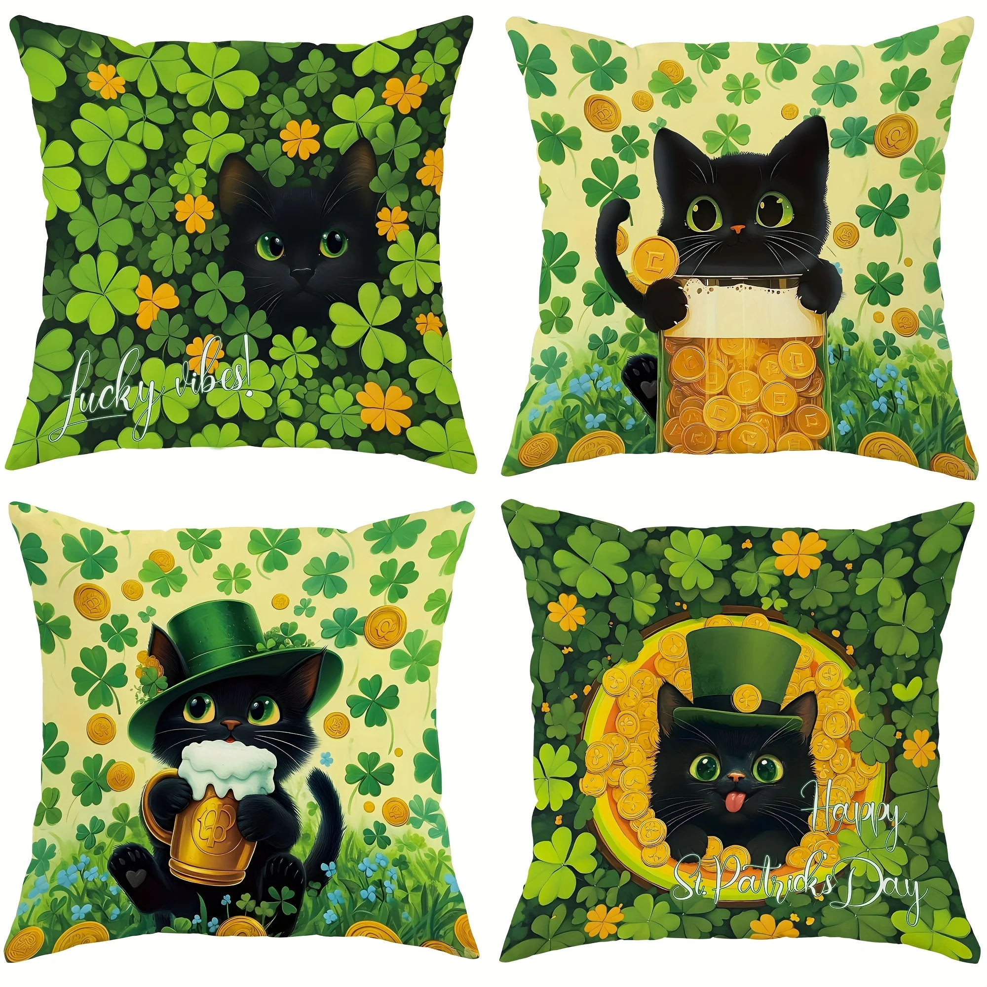 4-Piece Saint Patrick's Day Black Cat Pillow Cover, Modern Style, Machine Washable, Zippered Closure, Woven Polyester Fiber,
