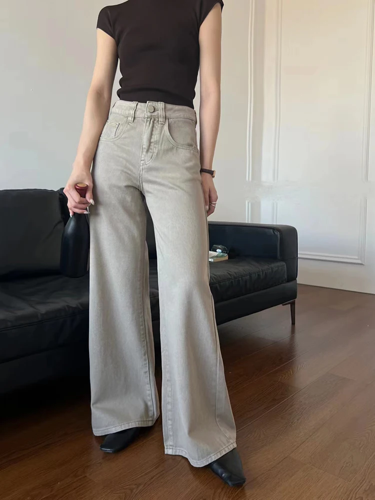 Vintage Women High Waist Wide Leg Loose Casual Jeans Basic Y2K Fashion Pocket Zipper Denim Pants Coffee Khaki Trousers 2024 New