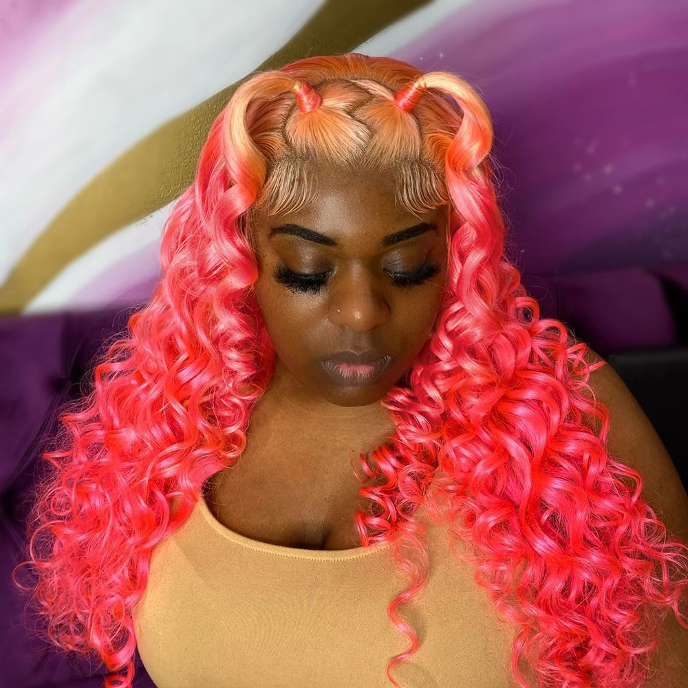 Onda solta rosa peruca de cabelo humano 13x4 perucas frontais do laço pré arrancadas cabelo humano brasileiro 613 colorido 13x6 peruca dianteira do laço para mulher