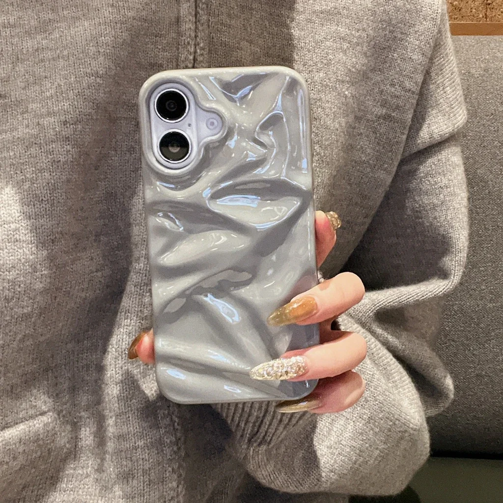 Stereoscopic Glossy Solid Color Wrinkled Pattern Shockproof Protective Phone Cover Case for iPhone 16 15 14 13 12 11 Pro Max