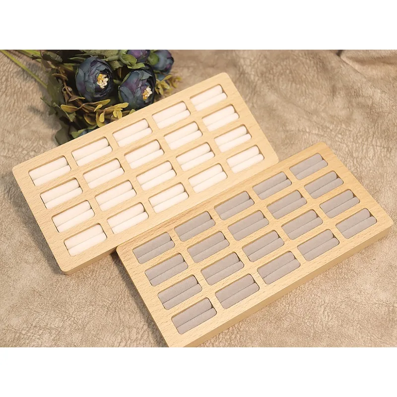 Solid Wood 20-Position Ring Jewelry Display Tray Lidless Multi-Card Slot Diamond Ring Storage Plate