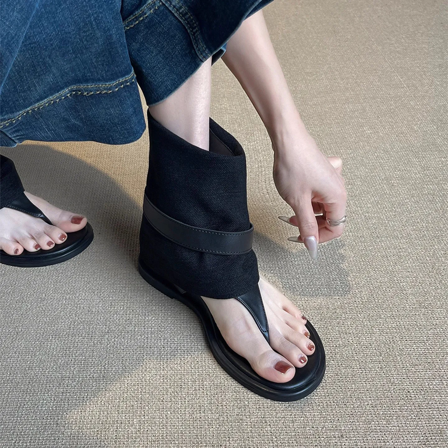 Beige Thong Boot Sandals Women S Flat Thong Sandals With Fold Over Cuff And Leather Buckle Strap For Boho Style