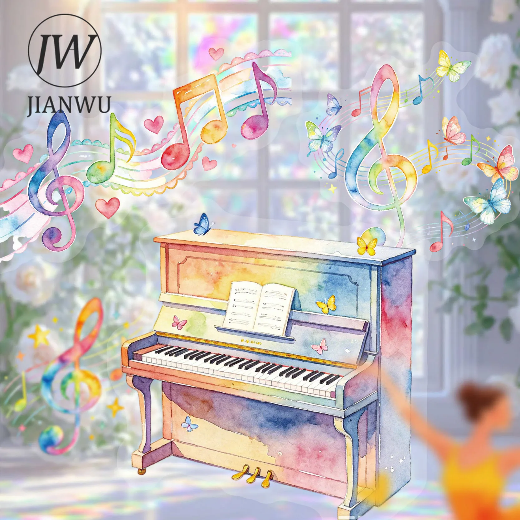 JIANWU Vintage Colorful Musical Instrument Note Landscape Material Collage Scrapbooking PET Sticker Creative Journal Stationery