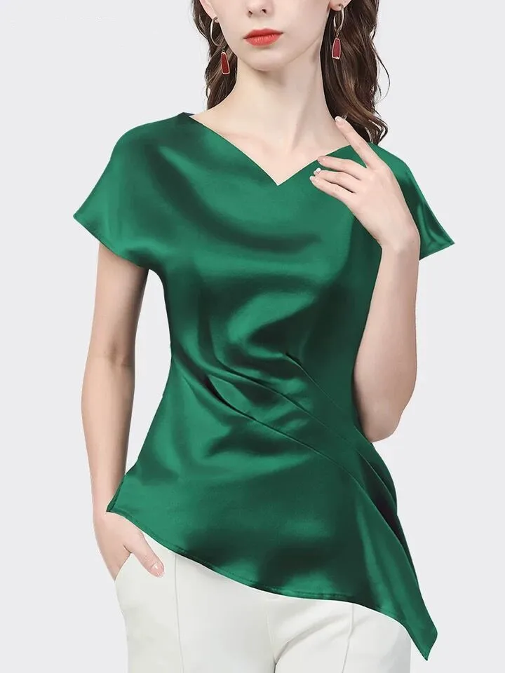 Plus size Summer Chic Women Satin Shirts Female ice silk tops short Sleeve asymmetrical Elegant Office Ladies Workwear Blouses