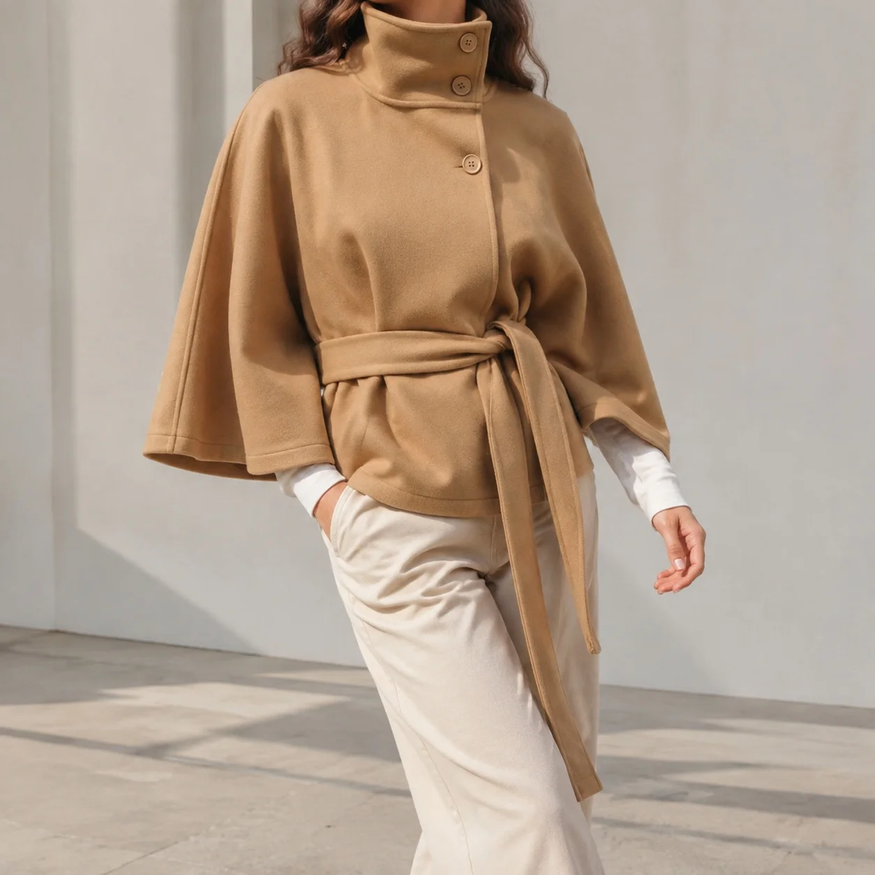 Button Front Stand Collar Cape Regular Fit Commuter Style with Long Sleeve Patchwork Regular Length Casual Autumn Women Cape