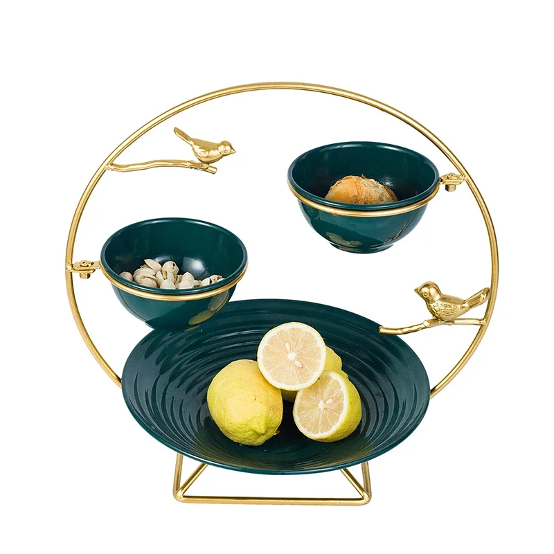 iron bird cloud style round Ceramic pastry three-layer storage bowl rack