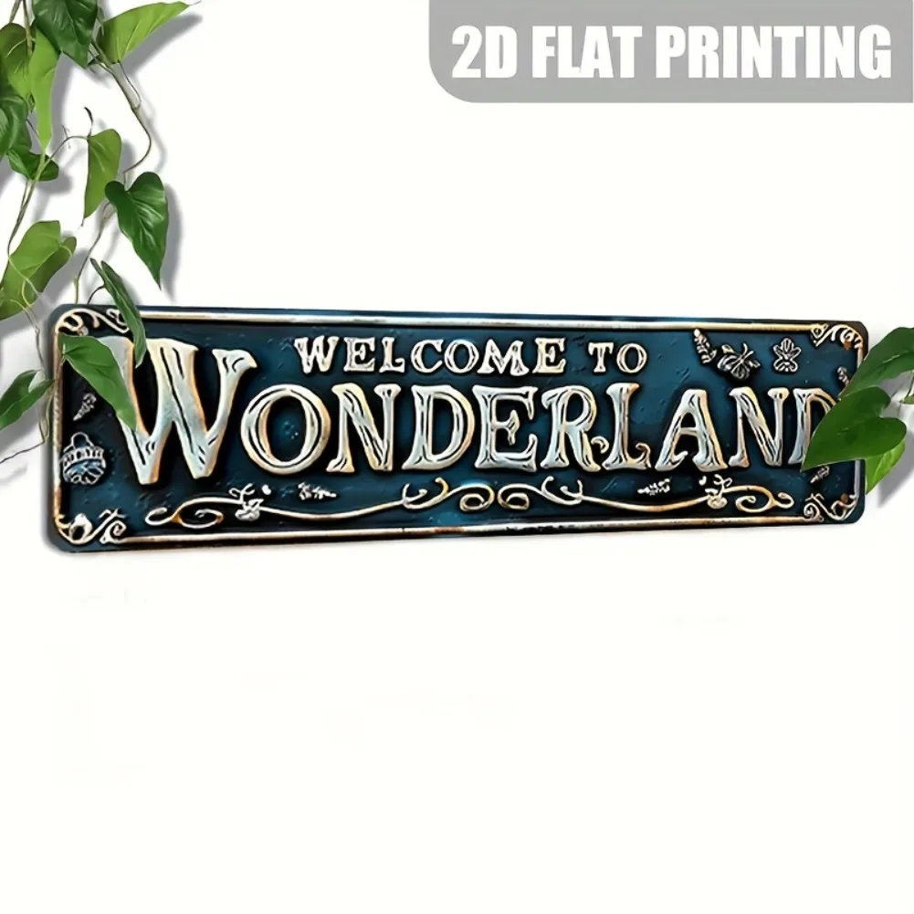 Letrero de aluminio Retro plano 2D de 15,7x3,9 ", "Bienvenido al país de las Maravillas", arte de borde Floral verde azulado y dorado para jardín, hogar, Bar y cafetería, 1 ud.