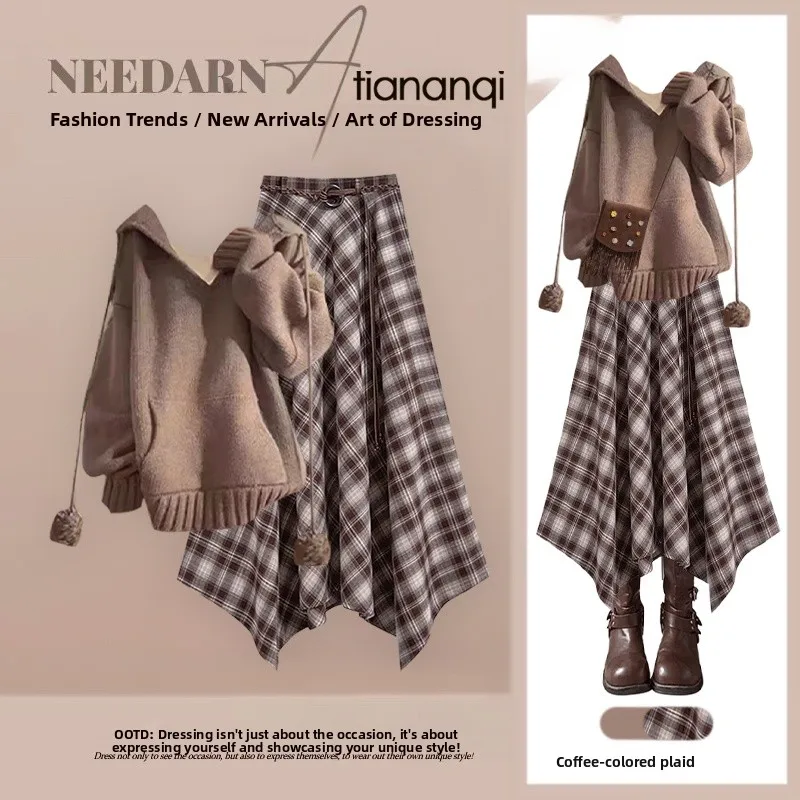 

Fashionable Knitted Hat Women's Set High Waist Slimming Plaid Skirt Two-Piece Autumn Ensemble Casual Style Korean Trend