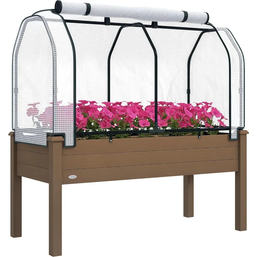 

Raised Garden Bed with PE Greenhouse Cover Outdoor Elevated Wood Planter Box for Herbs and Vegetables, Use for Patio
