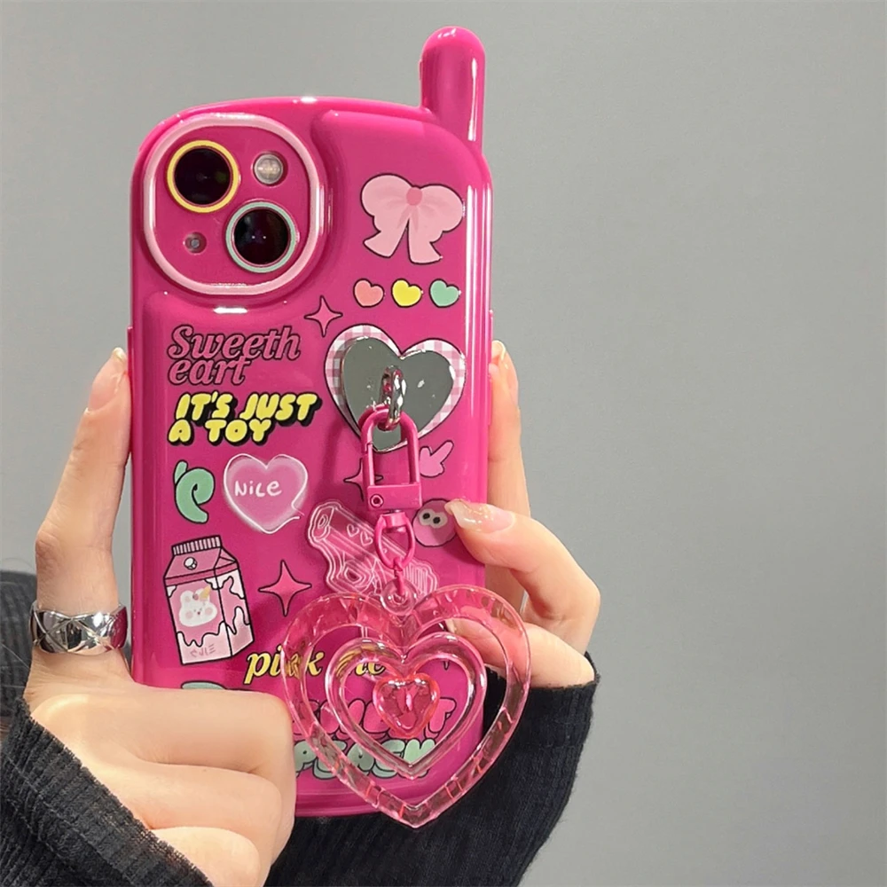 Korea Cute Illustration Pink Heart Pendant 3D Phone Case For iPhone 15 14 13 12 11 Pro XS Max X XR Kawaii Shockproof Soft Cover