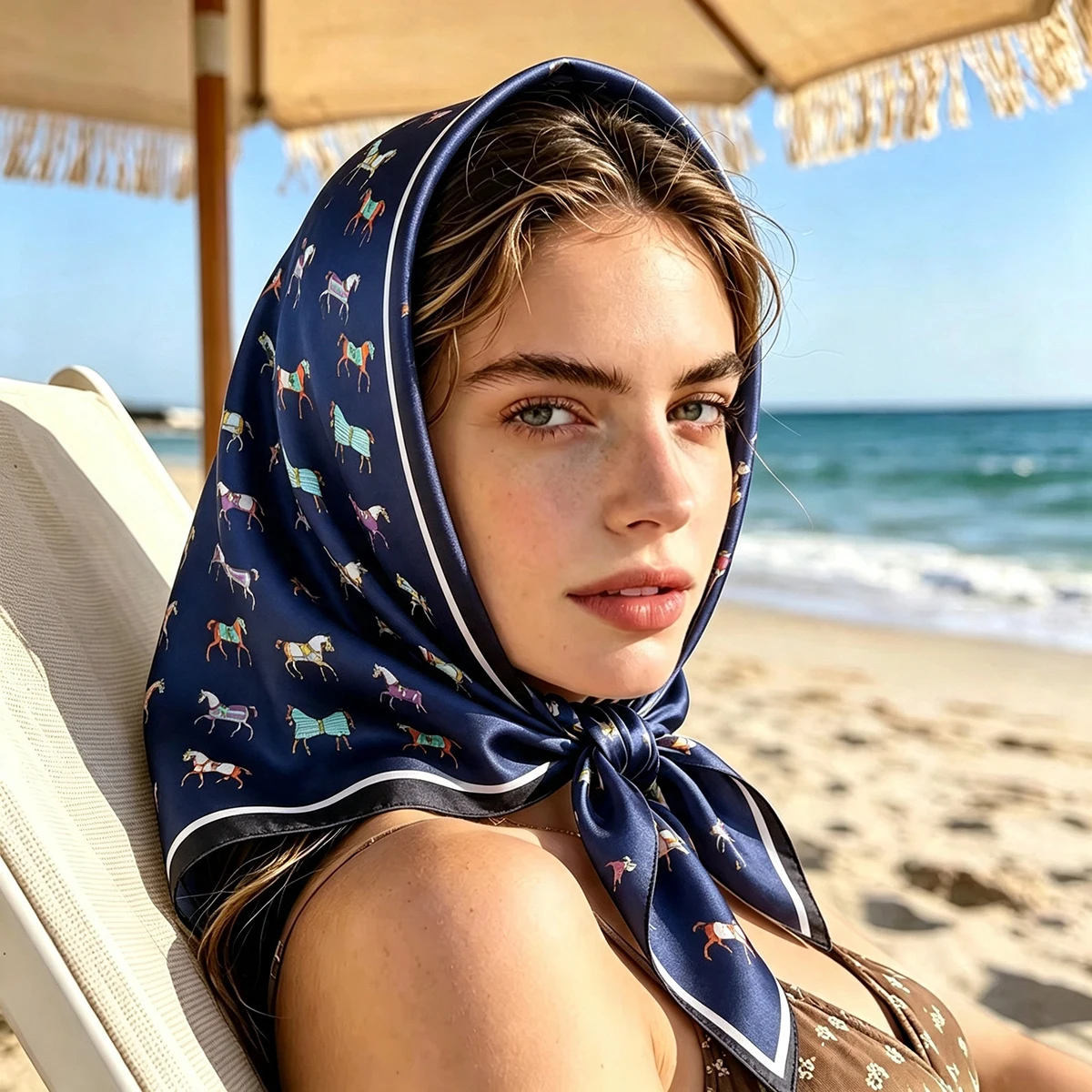 Sommer-Damenschal aus Kunstseide, quadratisch, luxuriöser Druck, Haarband, Foulard, Bandana, Dekoration, Halstuch, Kopfband.