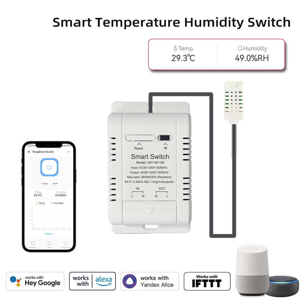 Ewelink WiFi Temperature Switch Mobilephone APP Control with Data Statistics Support IFTTT Automation Scenarios Function Compati