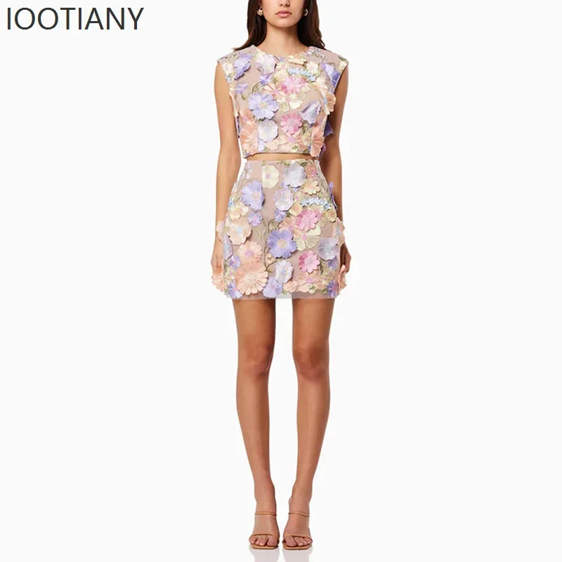 CosplayWomen تنورة قطعتين دعوى عالية الجودة التطريز الكروشيه أكمام مزاجه أنيقة الحلو البنطال القصير الورك تنورة دعوى