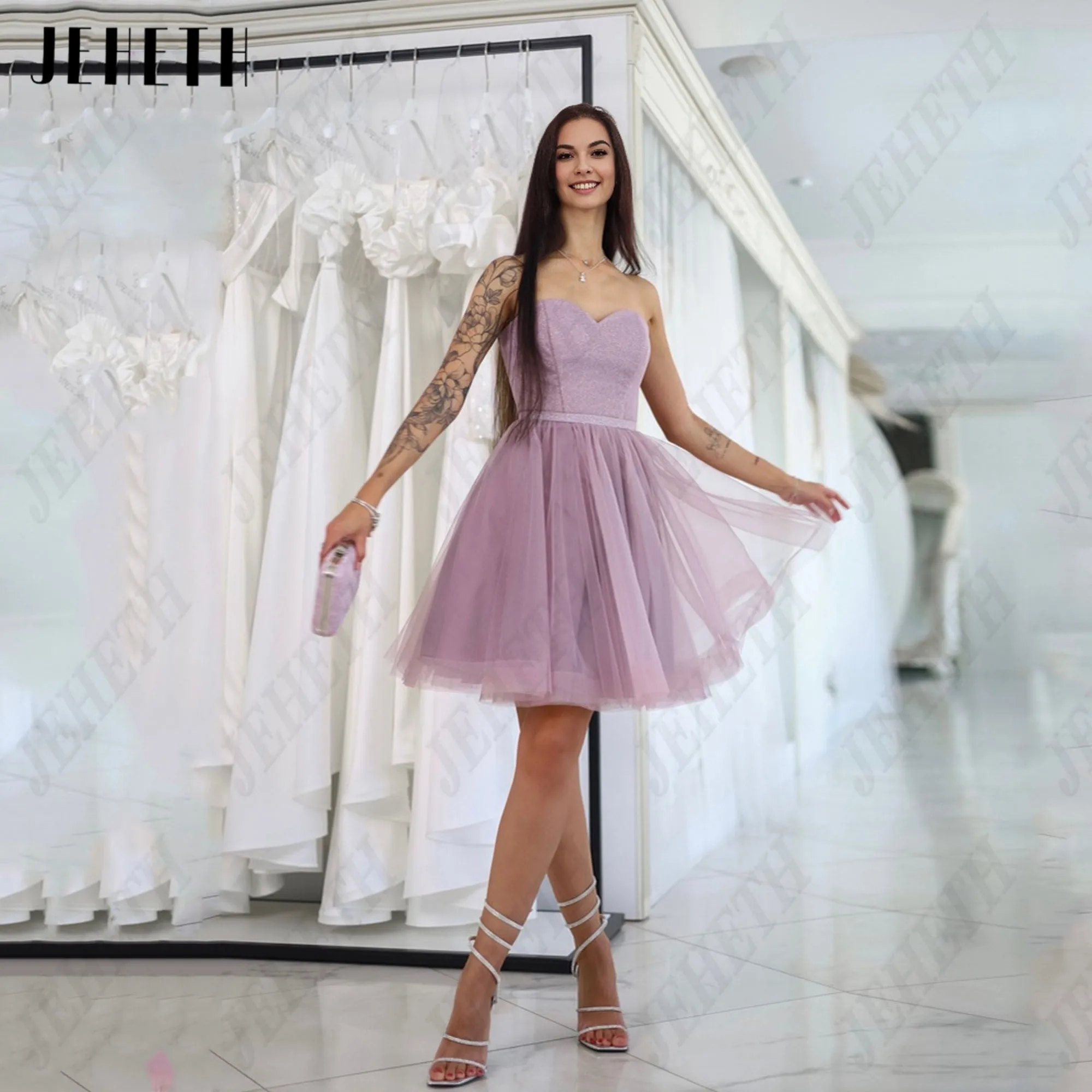 

JEHETH Sparkly Short Prom Dress Sleeveless Strapless A-Line Glitter Tulle Above Knee Vestidos De Festa Evening Gown Custom Woman