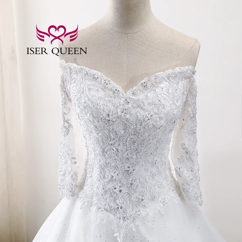 Aangepaste Klassieke Kant Applicaties Kralen Trouwjurk Halve Mouwen Uit De Schouder Plus Size Afrikaanse Trouwjurk WX0001