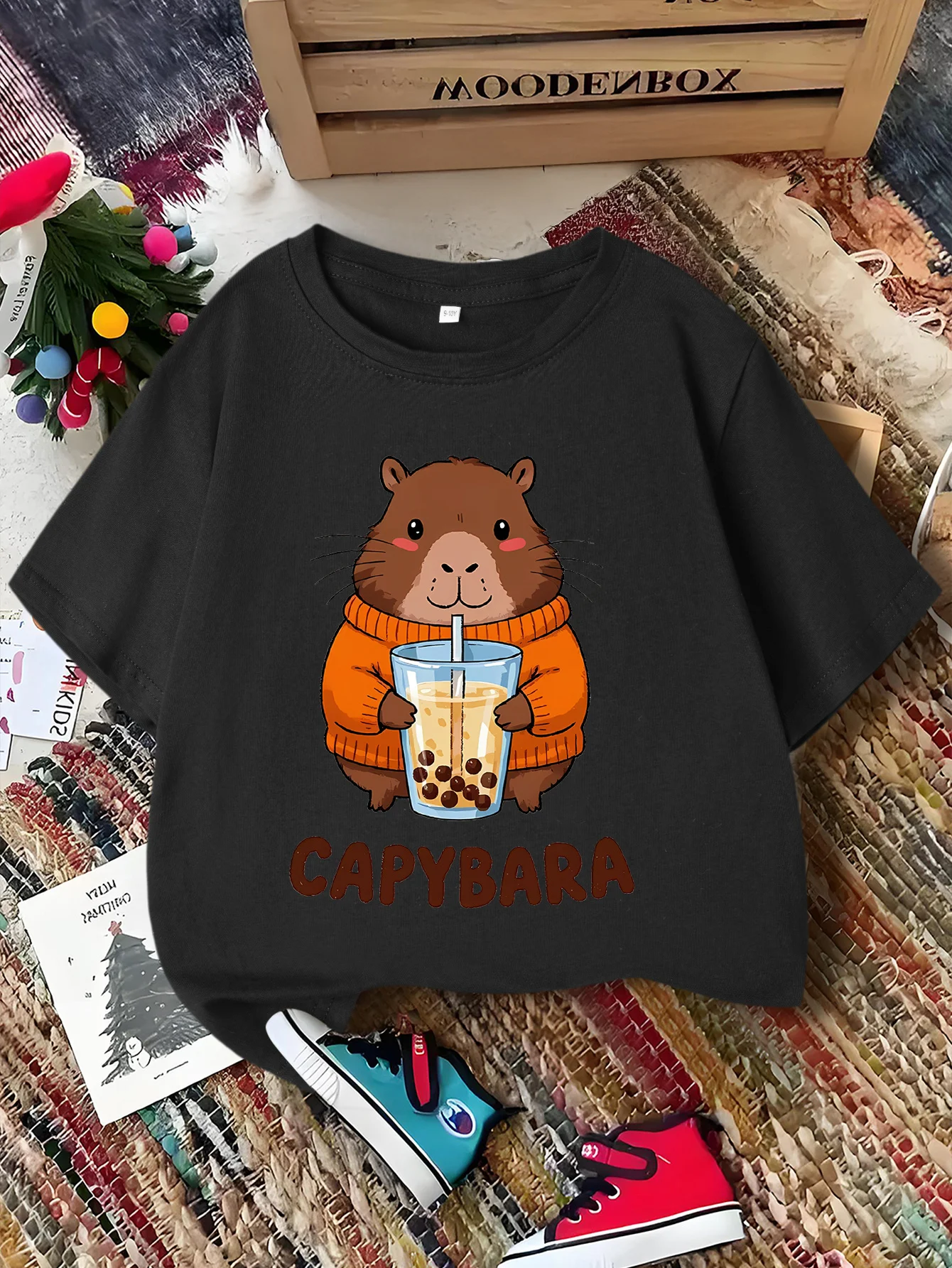 Capybara Drinking Boba Cute Cartoon Boys Girls Family Matching Tee Soft Kids Parent Short Sleeve Daily Casual Comfort T Shirt