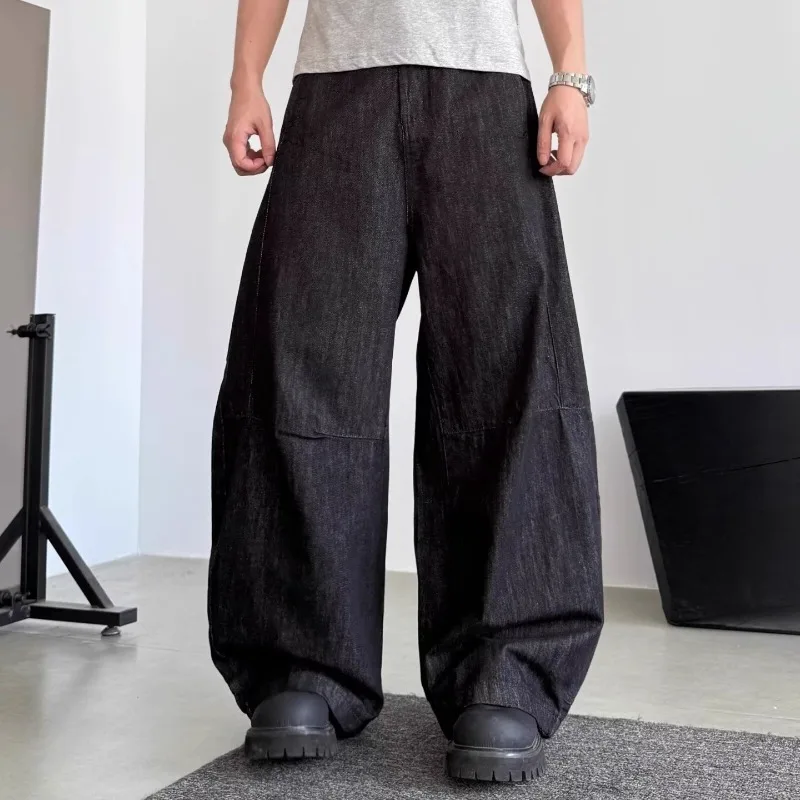 Unisex Curved Blade Baggy Jeans Street Black Raw Denim Oversized Wide Leg Banana Pants Vintage Minimalist Hip Hop Denim Trousers