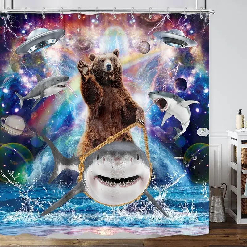 Funny cat shower curtain, cool and funny shark fantasy space anime shower curtain, funny fabric bathroom curtain set