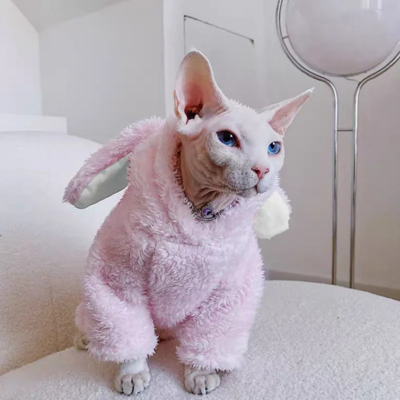 Winter Sphynx Hairless Cat Clothes Sphinx Devon Cute Pink Rabbit Thickening Soft Cotton Flannel for Sphynx Cat Devon Rex