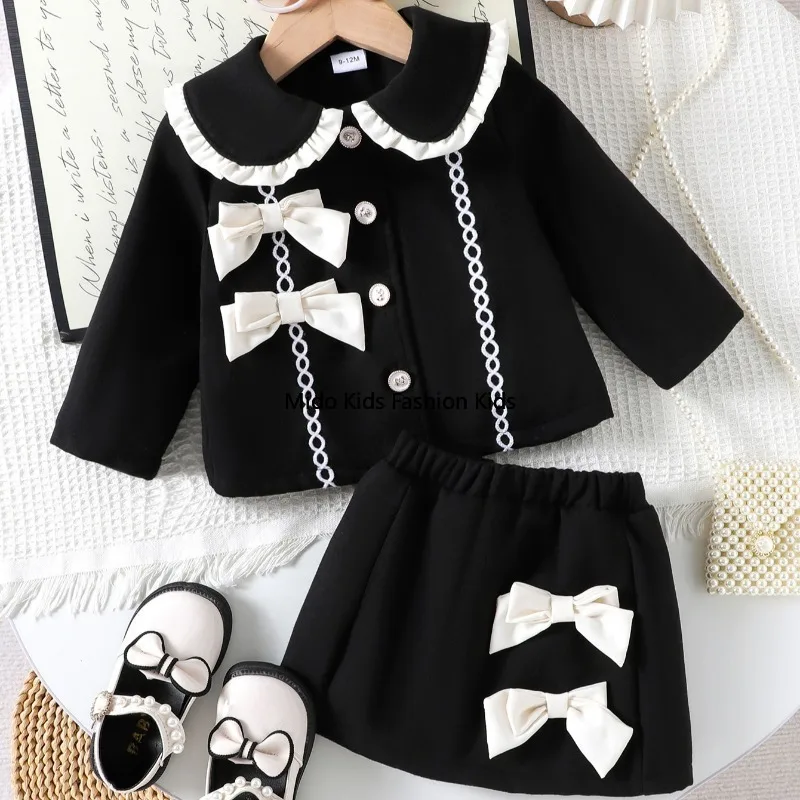 

European and American Autumn New Arrival: Black Long-Sleeved Coat Paired with Short Skirt Children's Two-Piece Set