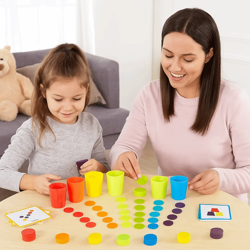 Matching Color Stacked Cups Game Montessori Early Education Wooden Coin Throwing Challenges Portable Color Classification Cup