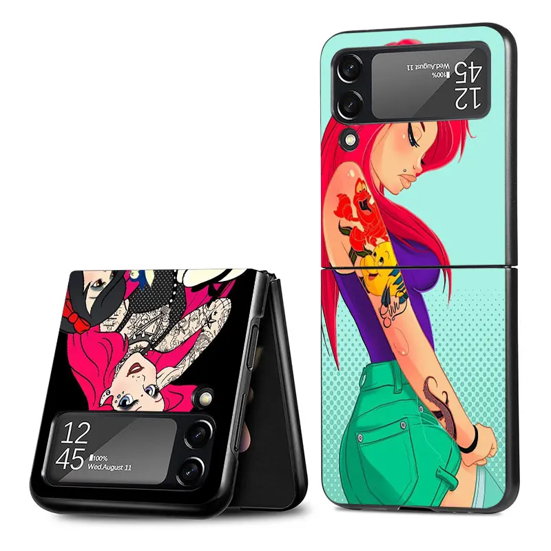 Funda For Samsung Galaxy Z Flip 3 4 5 5G Flip3 Flip4 Flip5 Case Black PC Hard Luxury Back TPU Phone Cover Tattoo Disney Princess