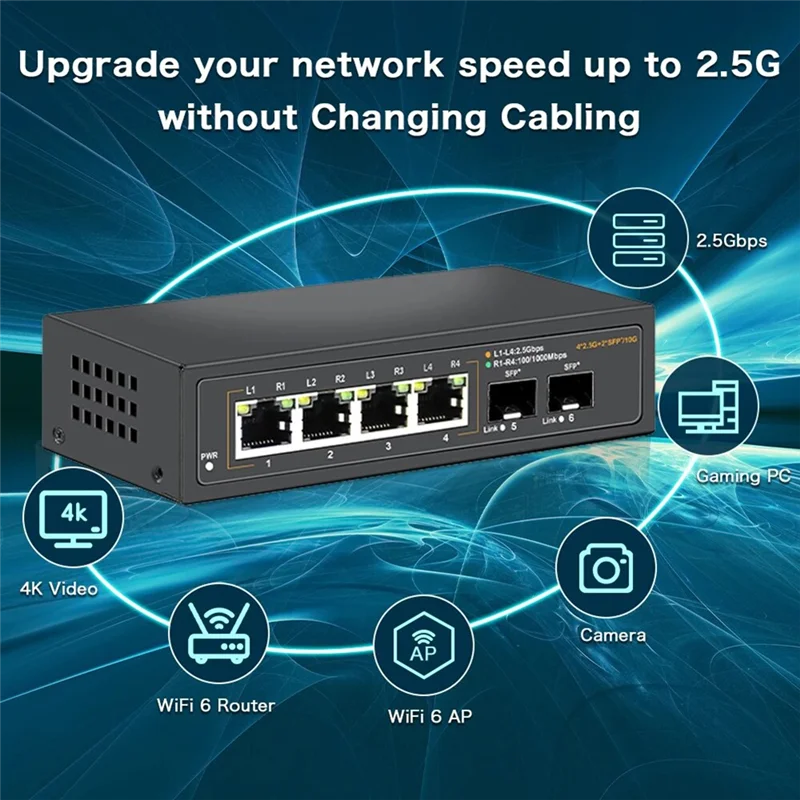 Novo-switch ethernet não gerenciado 2.5g com 4 portas base-t 2.5g e 2 portas de ligação ascendente sfp 10g, para 100/1000/2500mbps eua plug
