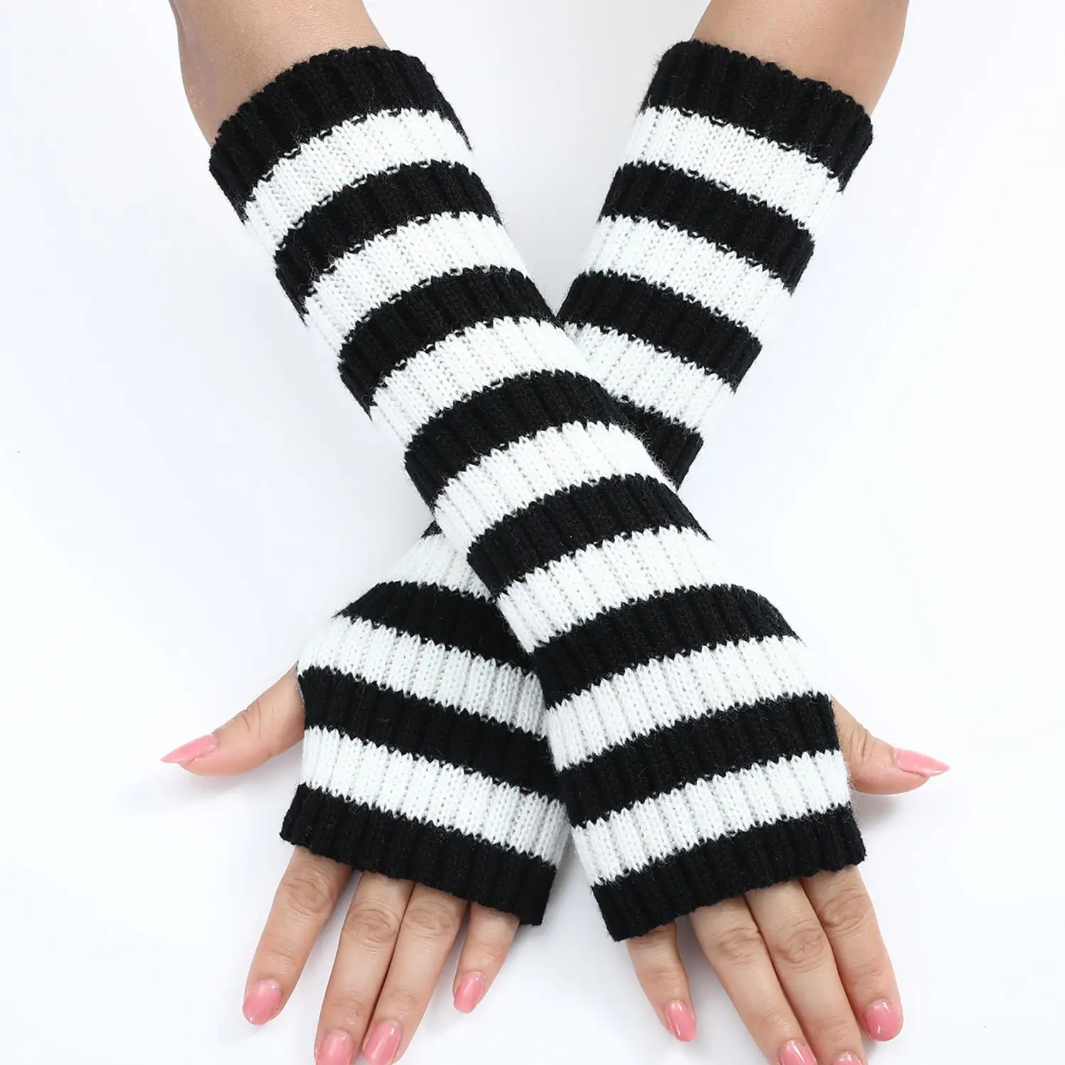 1Pair Fashion Striped Elbow Gloves For Women Girls Solid Color Arm Long Half Finger Arm Sleeves Warm Elastic Gloves Gifts