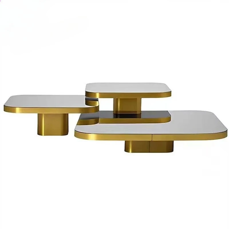 

Square brushed stainless steel three-piece coffee table set, luxurious living room style, with brown tempered glass tabletop