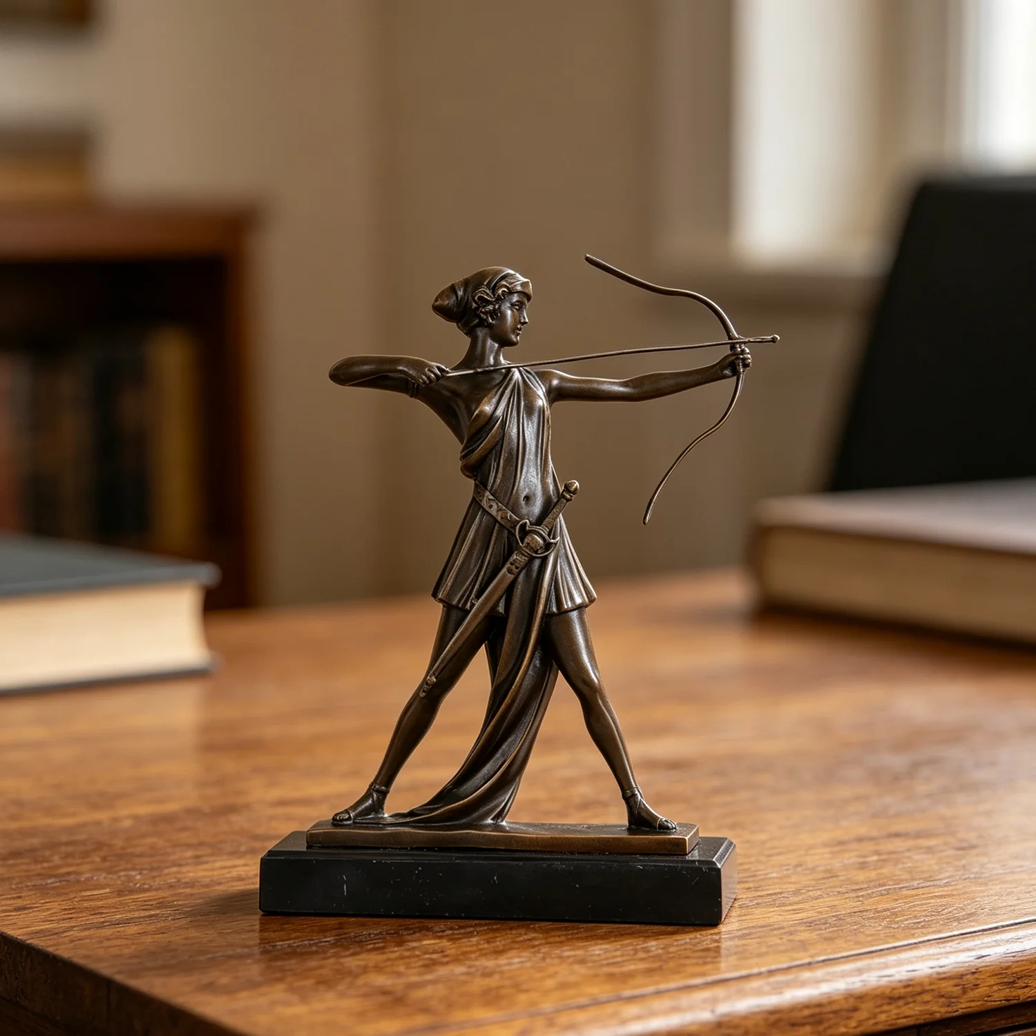 Playing Bow and Arrow Woman Bronze Statue Vintage Warrior Sculpture Brass Female Figurine Home Decor Antique Art