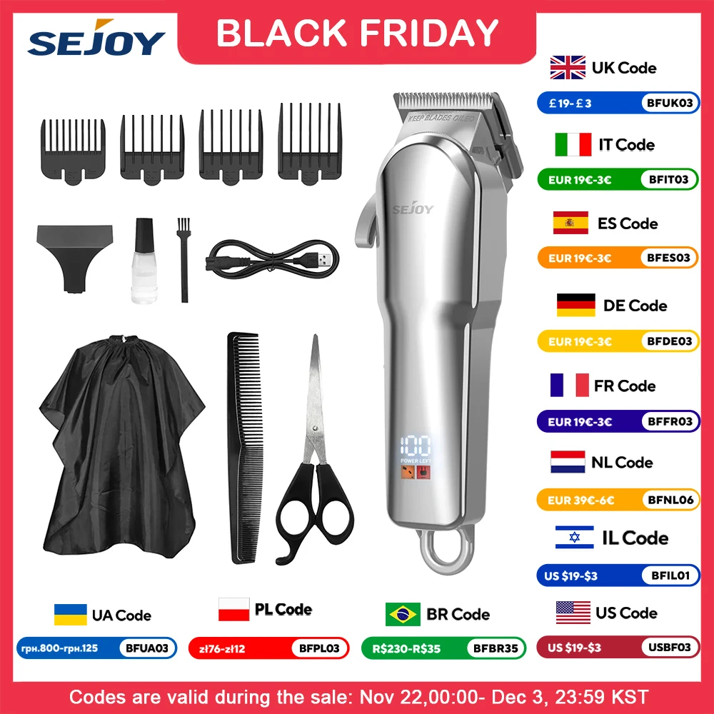 Sejoy Professional Hair Cutting Machine Hair Cutting Kit Cordless Barber Clipper Set with LED Display Hair Clippers for Men