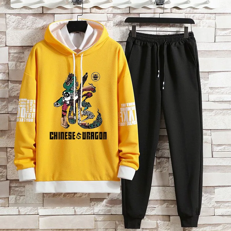 Sweatshirt Set with Men\'s Printed Chinese Characters, Casual Fashion Hoodie Set, Autumn New Style