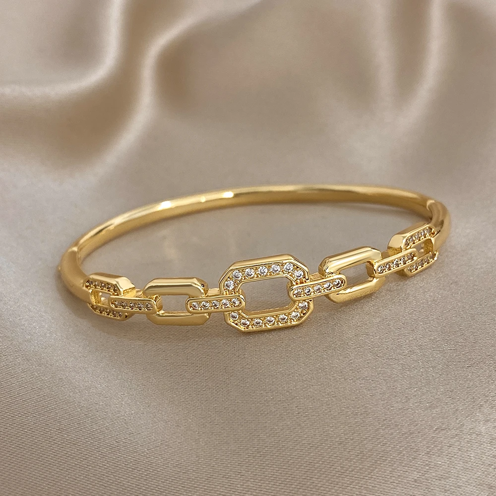 Greatera Luxury Zircon Decoration Golden Plated Cuff Bangle Women High Quality Hollow Square Original Design Bracelet Jewelry