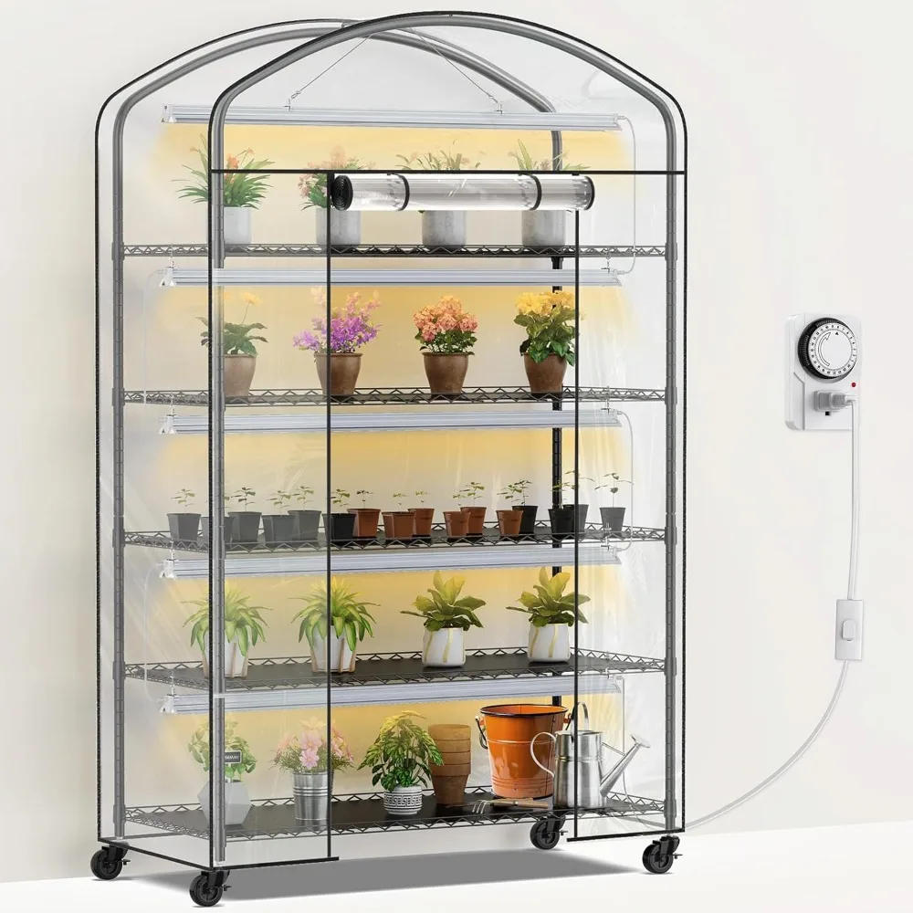 5-Tier Greenhouse with Grow Light, Shelf Height Adjustable Metal Plant Shelf Includes 5-Pack 2900K Full Spectrum Plant Lights