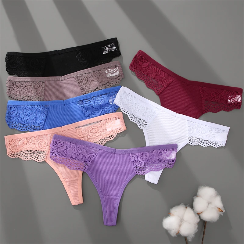 FINETOO 4PCS/Set Sexy Cotton Lace Thong Women Solid Low Waist G-String Underwear Female Breathable Panties Intimates Lingerie