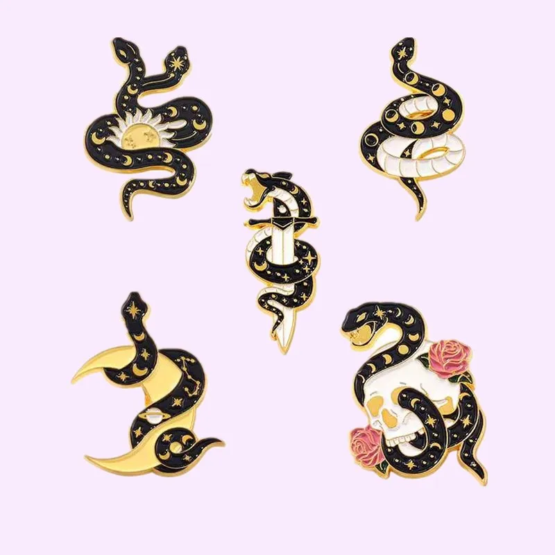 wholesale Black Snake Enamel Pins Ferocious Snake Winding Sword Skull Pattern Punk Badge Dark Lapel Pin Jewelry Gift For Friend