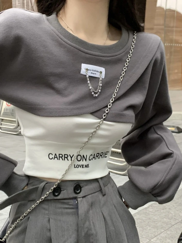 O Neck Chain Irregular Y2k Sweatshirts 2022 Fashion Korean Crop Tops Harajuku Punk Gothic Streetwear Women\'s Clothing Camis Suit