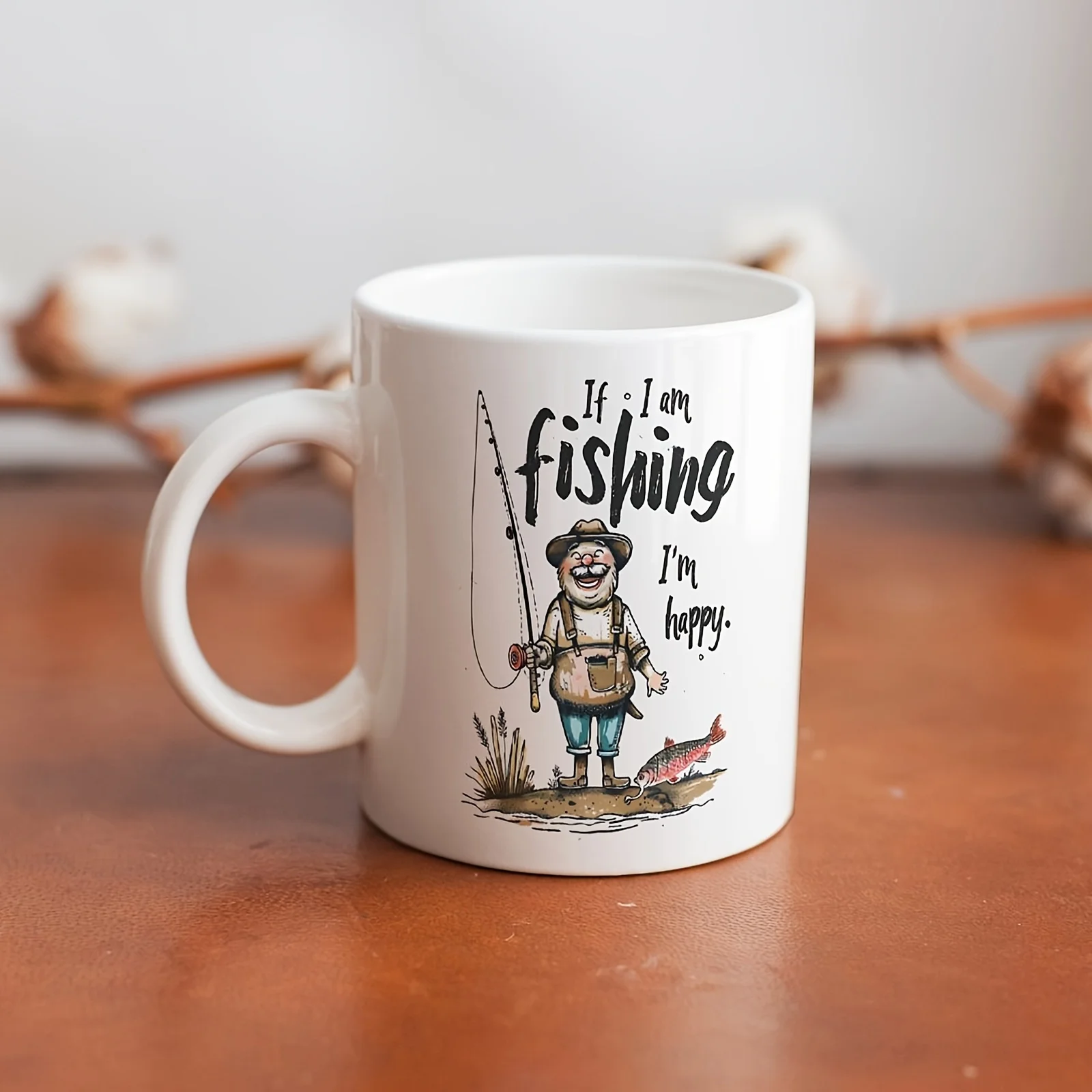 1 tasse à café en céramique amusante sur le thème de la pêche - 11 oz, blanche, avec inscription « Si je fais de la pêche, je suis heureux », compatible lave-vaisselle et micro-ondes, en céramique
