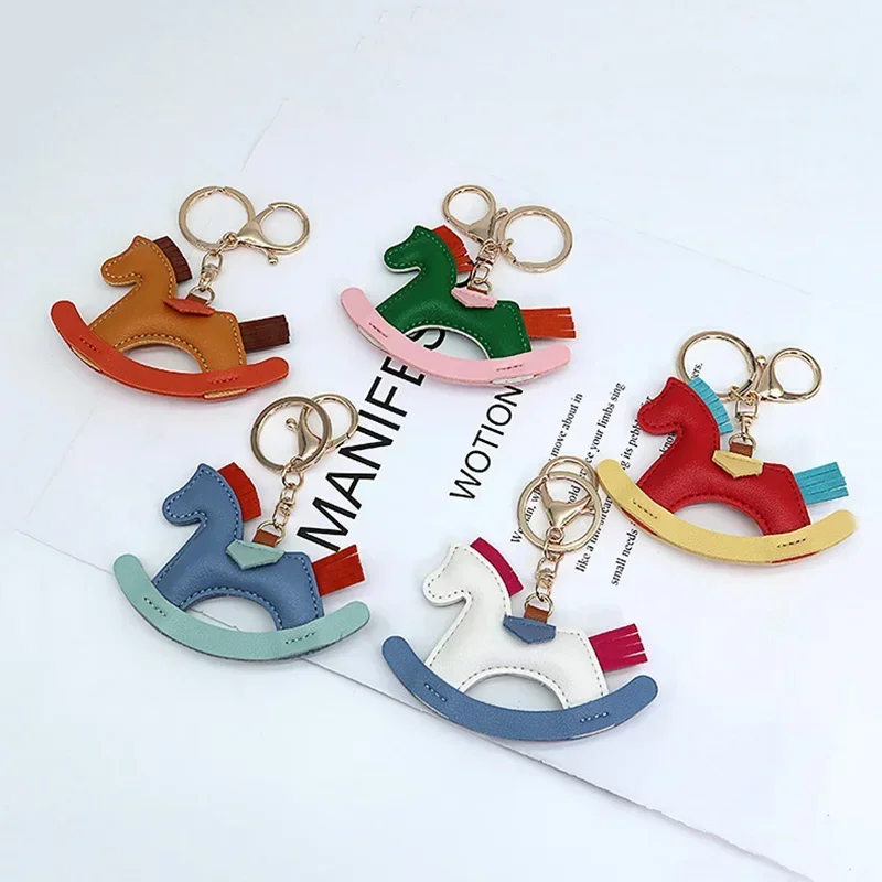 New Car Women Leather Charms Bag Pendant KeyChain Cartoon Pony Rocking Horses Keyring Cute Animal Ornament Accessories