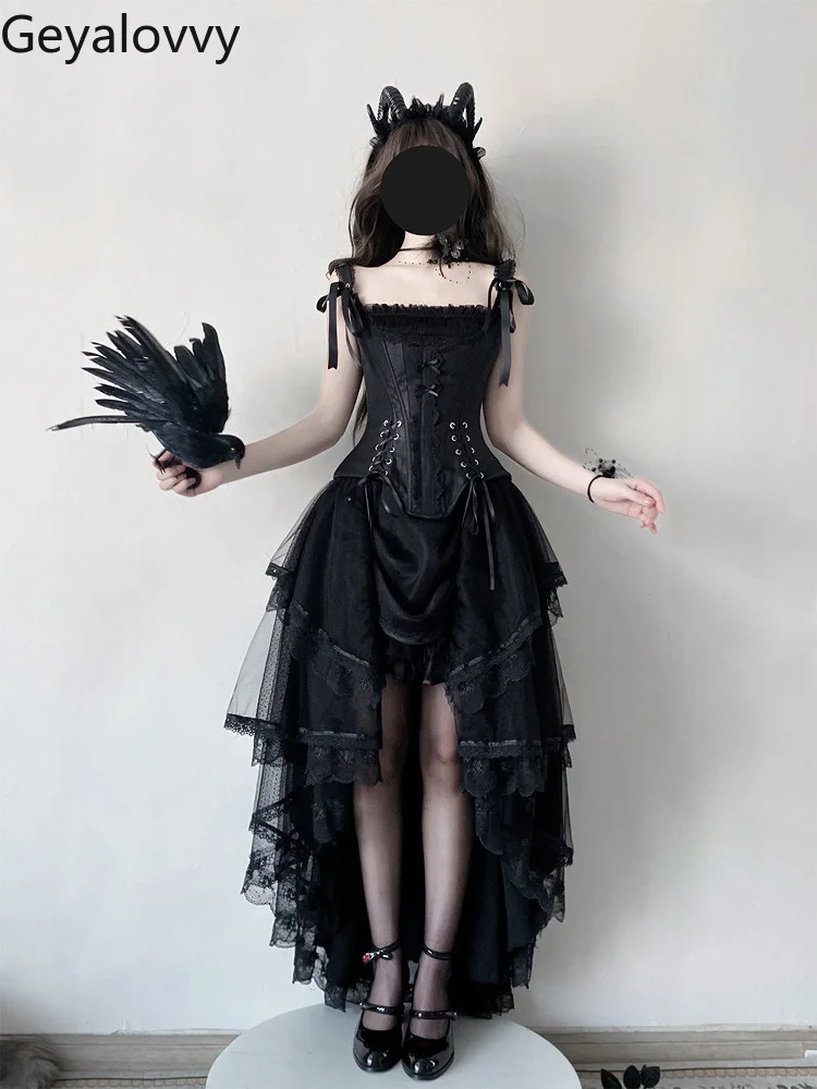 

Japanese Lolita Gorgeous Birthday Heavy Industry Lace-up Slim Suspender Top and Irregular Long Princess Skirt Two Piece Set