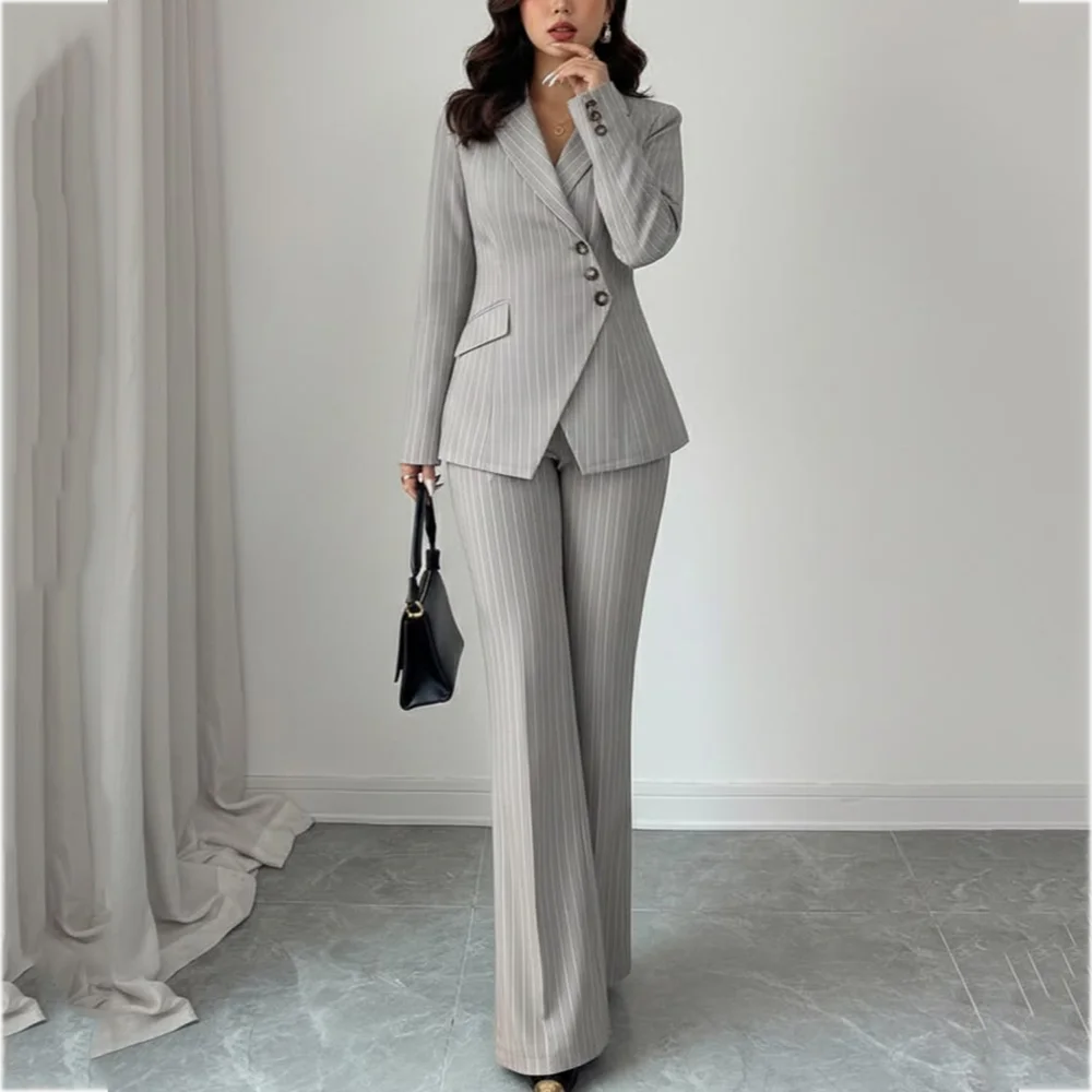 Light Grey Stripe Women's Suit Set Asymmetric Single Breated Blazer Pants Slim Tailored Outfit For Office Lady Business Party