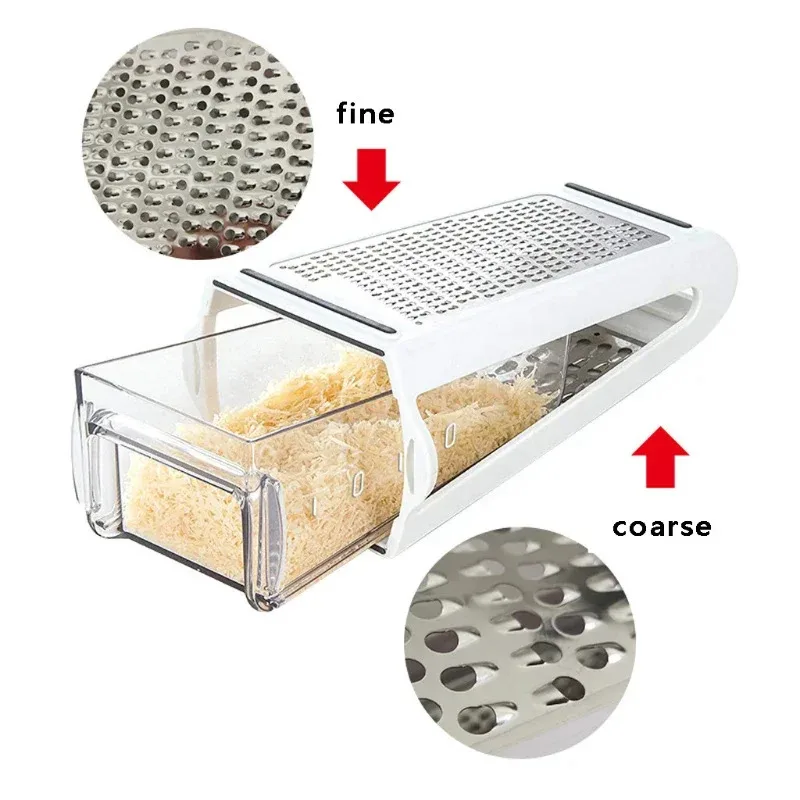 

2 Sided Cheese Grater Vegetables Grater With Container ABS Case Carrot Cucumber Slicer Cutter Kitchenware Stainless Blades