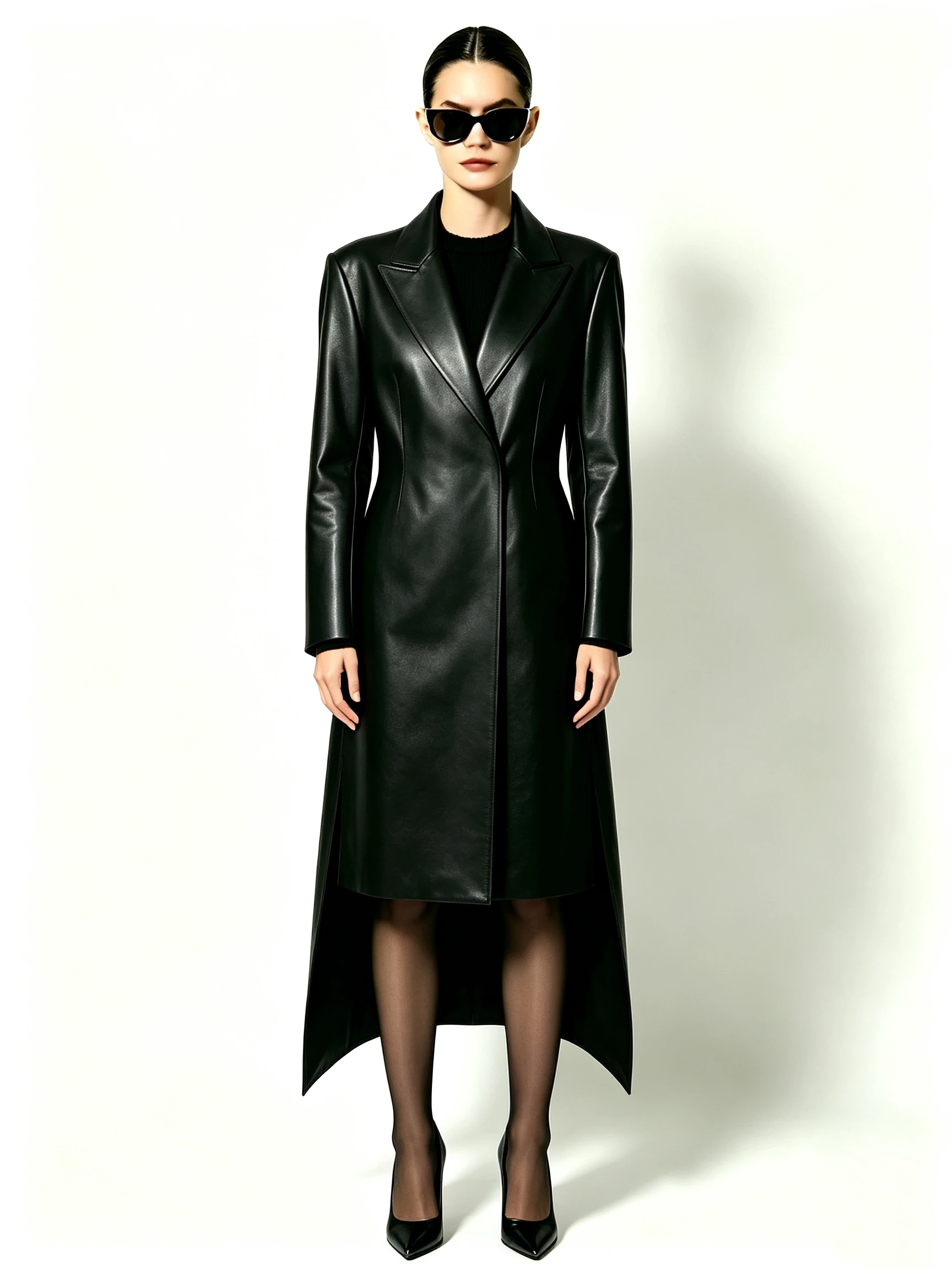 Women's Long Faux Leather Trench Coat with Notch Lapel and Dramatic High-Low Hem