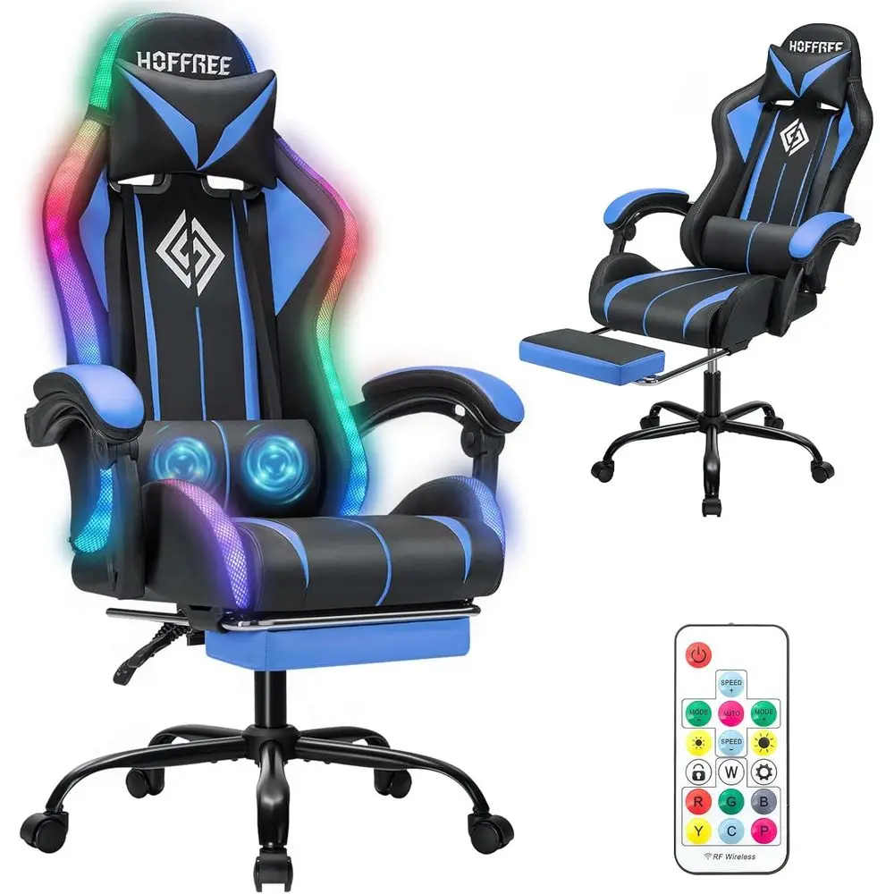 LED Gaming Chair with Massage RGB Lights Computer Game Chair-Blue | Ergonomic Reclining Gamer Chair with ootrest High Back Video