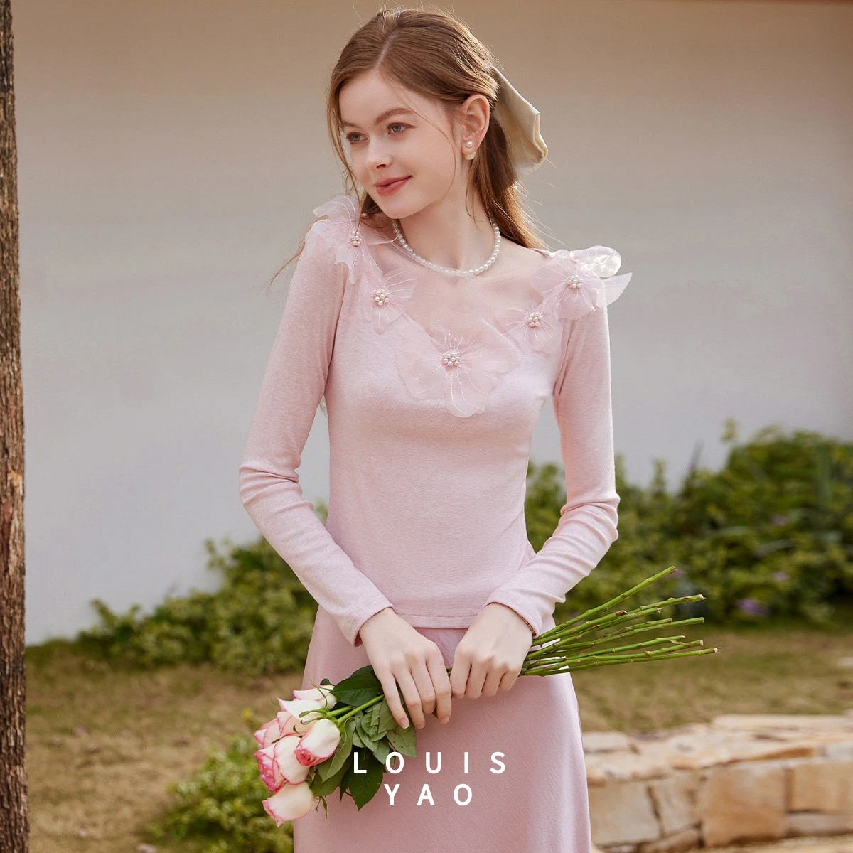 

LOUISYAO 2026 Spring Sweet Floral Decor Women T-Shirt Romantic Elastic Long Sleeve Regular Shoulder Casual Pullover Top