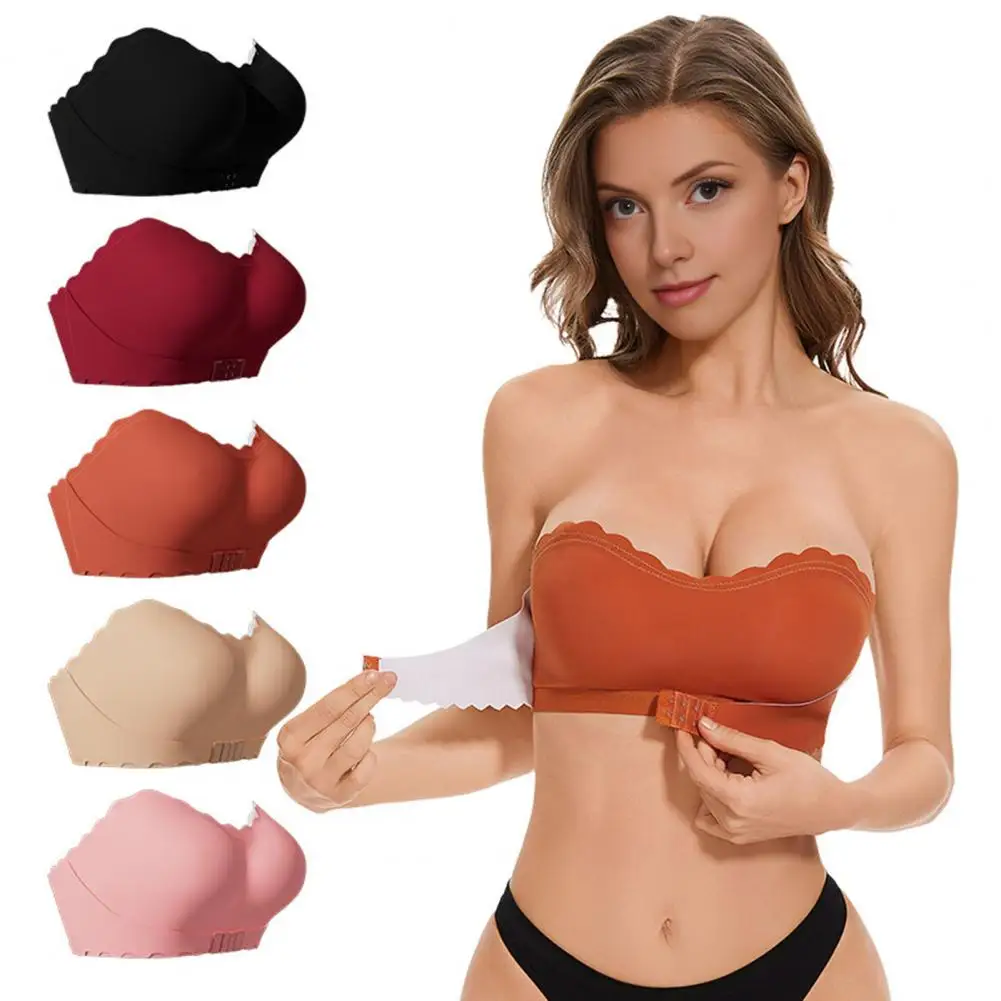 2026 Supportive Strapless Bras Strapless Bras for Women, Front Closure Non-Slip Padded Push Up Bandeau, Wireless Wavy Edge Tube