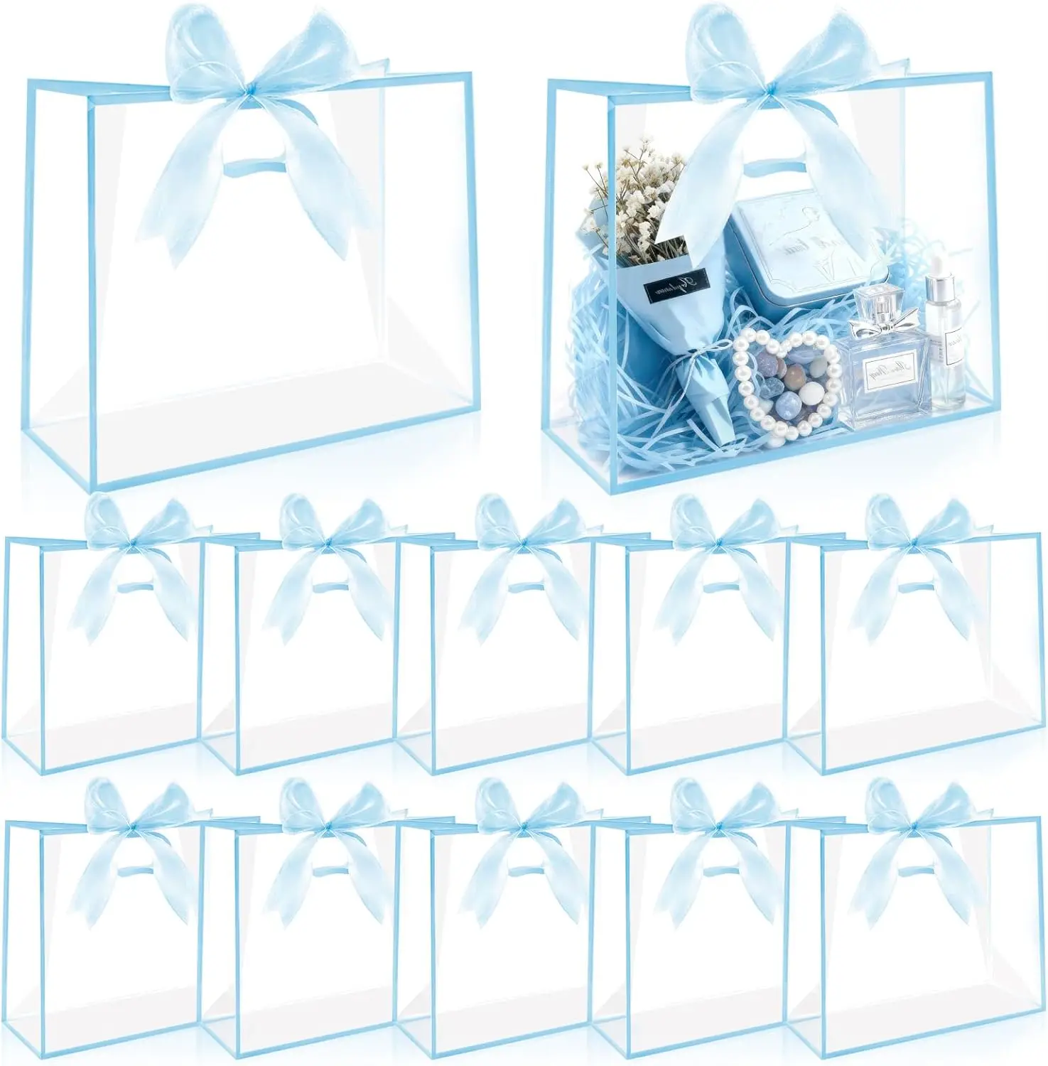 

12 Pcs Clear Plastic Gift Bags 12x10x5 with Handles Reusable for Christmas Valentine Wedding Party Favor （Empty Bag Only）