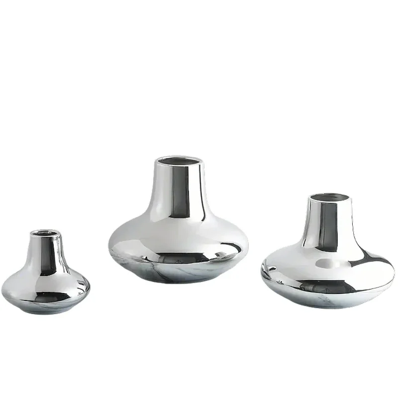 Silver Cone Ceramic Vase for Flowers, Modern Home Table Decor, Minimalist French Luxury Style