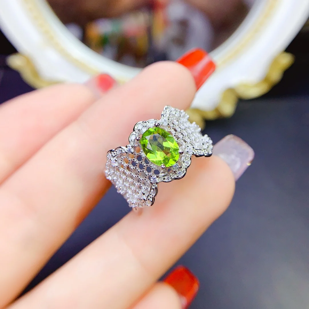 SHILOVEM 925 Sterling Silver Natural Peridot  rings Fine Jewelry Women party Gift wholesale New 6*8mm jcj0608658agg