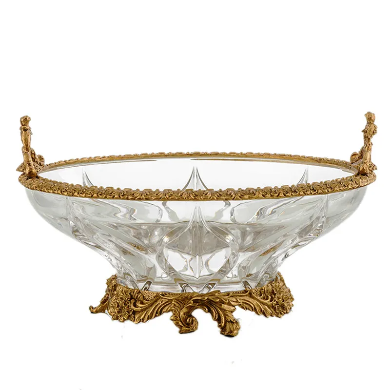 American Crystal with Copper Vase, European High-end Glass Copper Fruit Plate, Luxury Living Room Coffee Table Soft Ornament